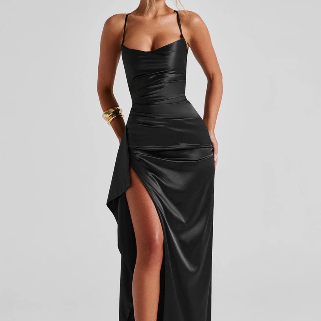 Black Satin High-Slit Spaghetti-Strap Prom Dress